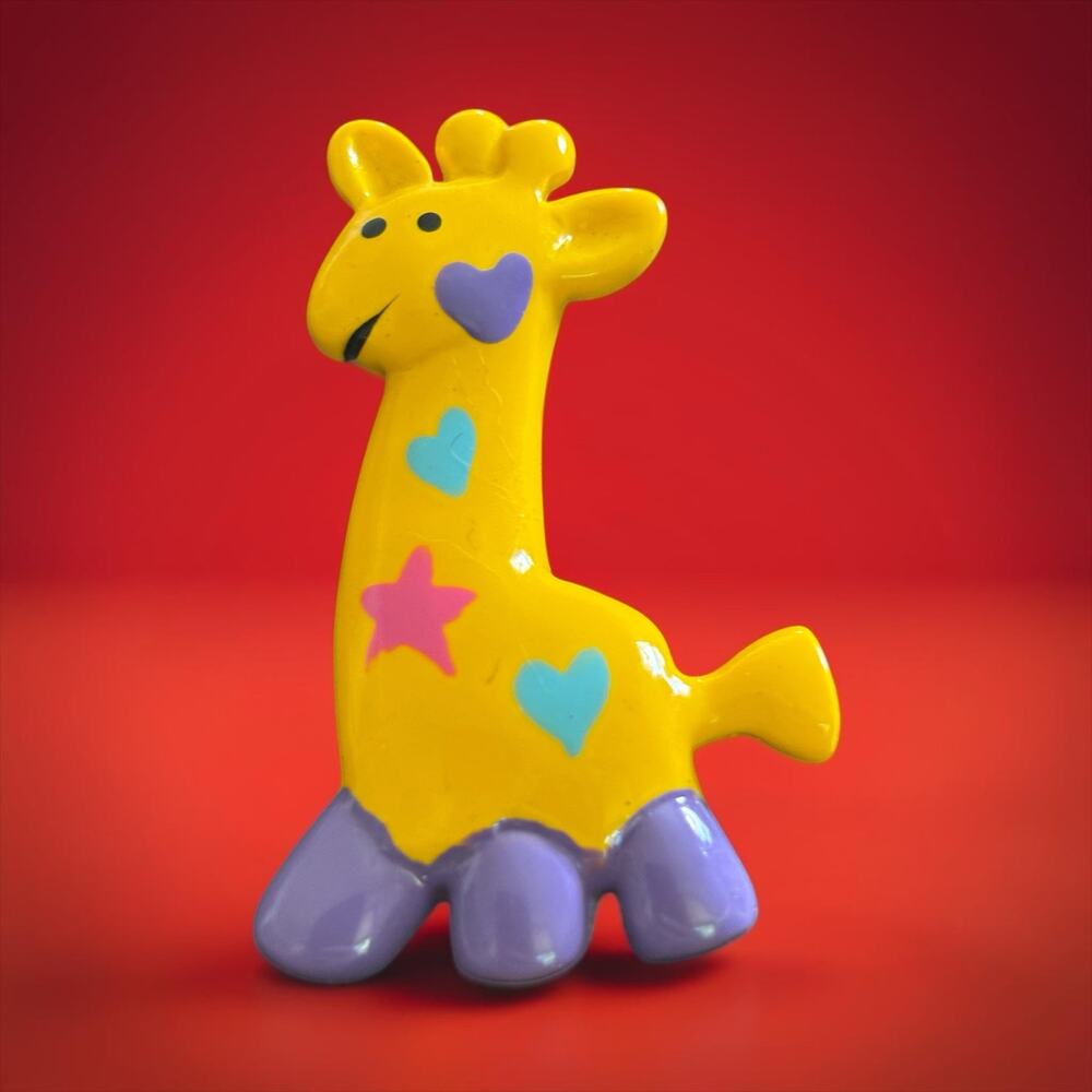Vintage Giraffe Brooch Bright Yellow Purple Hearts Star Whimsical Figural Pin